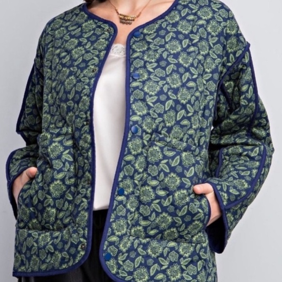 156. EASEL 🛑 COST green quilted oversize floral flower coat jacket green Spring - Picture 2 of 5